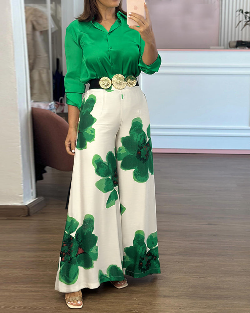 2 Pieces Outfit Long Sleeve Satin Blouse and Casual Floral Print High Waist Wide Leg Pants Set