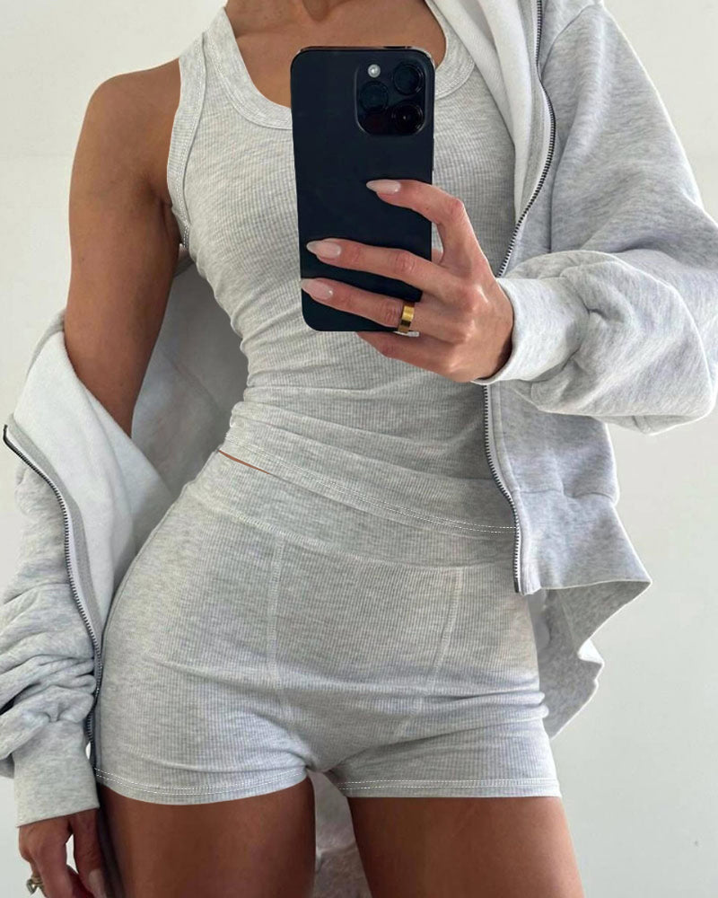 2PCS Micro-Ribbed U-Neck Tank Top & Boxer Set Cozy Loungewear