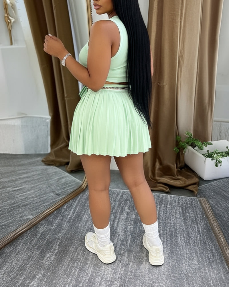2 Pieces Outfit Round Neck Sleeveless Crop Tank Top and Elastic Waist Pleated Mini Skirt Set Casual Contrast Paneled Set