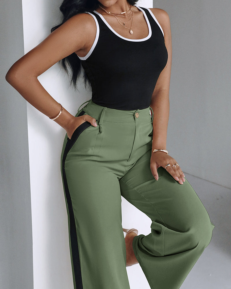 2 Piece Contrast Binding Sleeveless Slim Fit Tank Top and Striped Pants Sets Tracksuits Match Sets