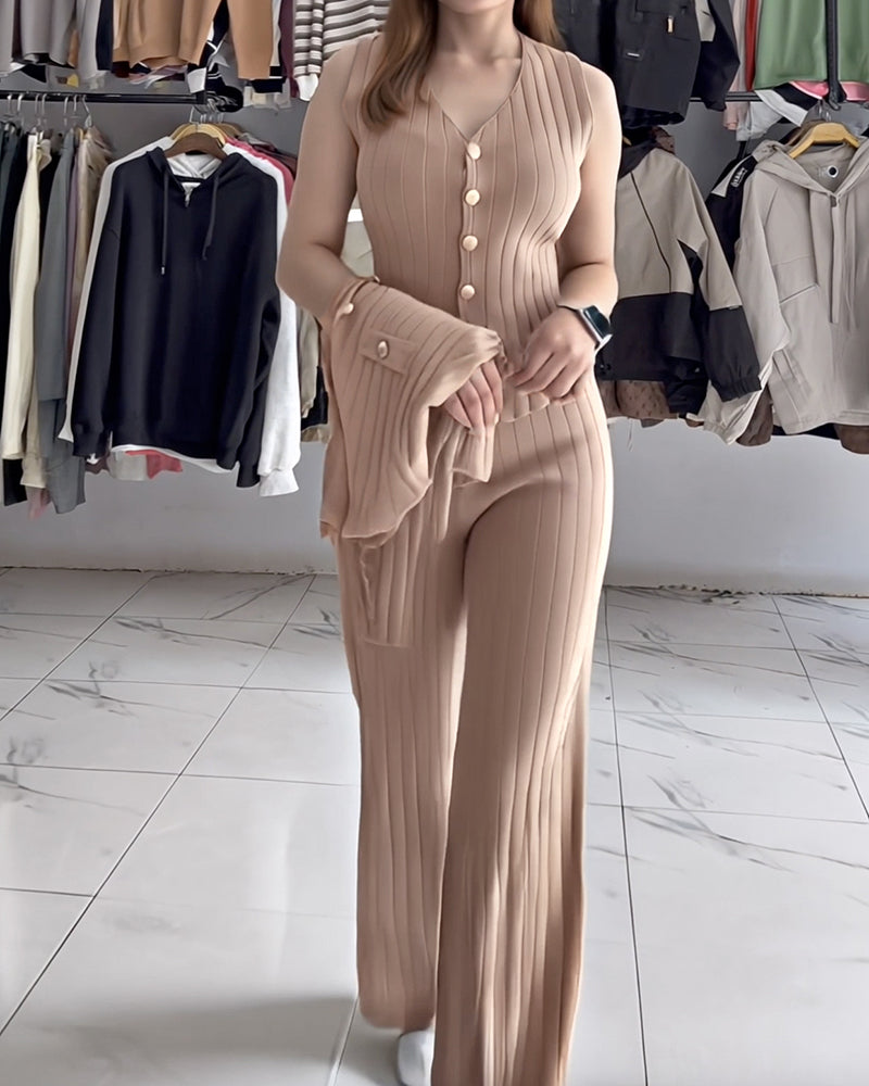 3 Pcs Outfits V Neck Long Sleeve Knit Coat with Metal Button Detail Tank Top Casual Long Pants Knit Sets