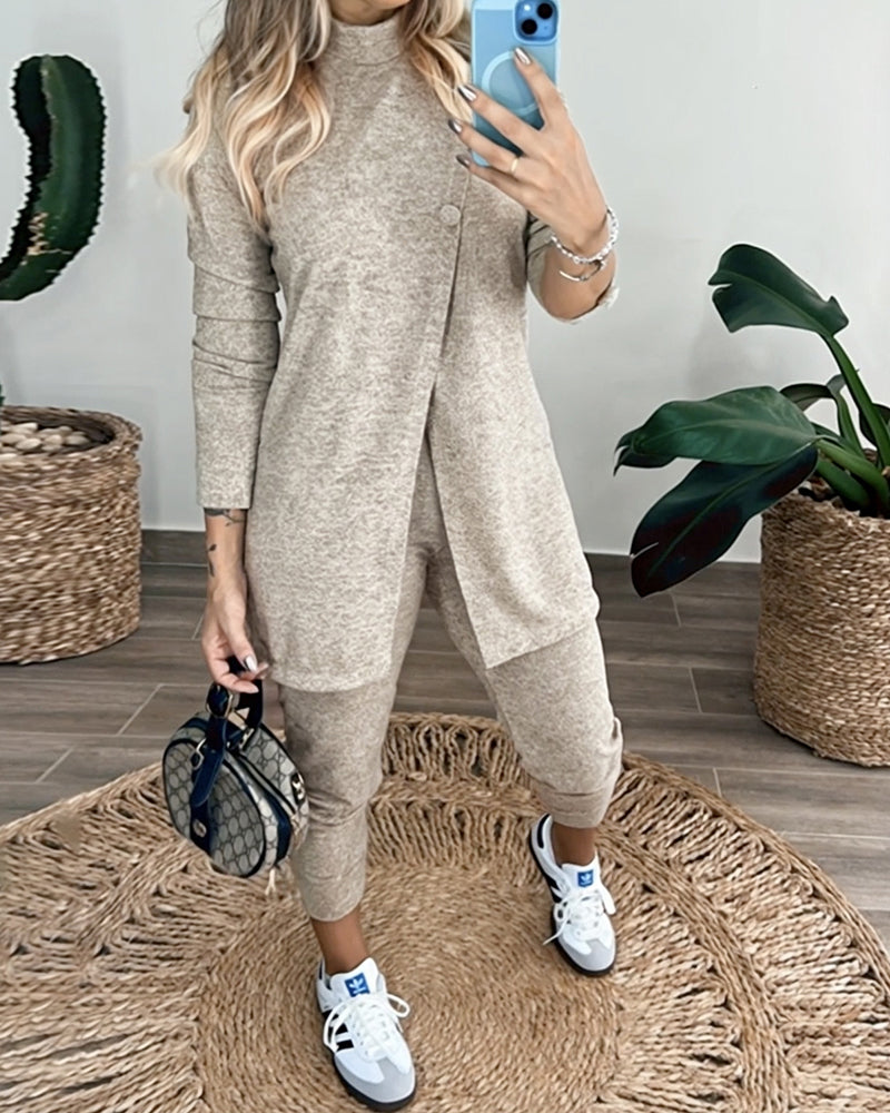 2 Pieces Outfit Mock Neck Long Sleeve Button Decor Slit Mid-Length Top and Stretchy Drawstring High Waist Slim Fit Pants Set