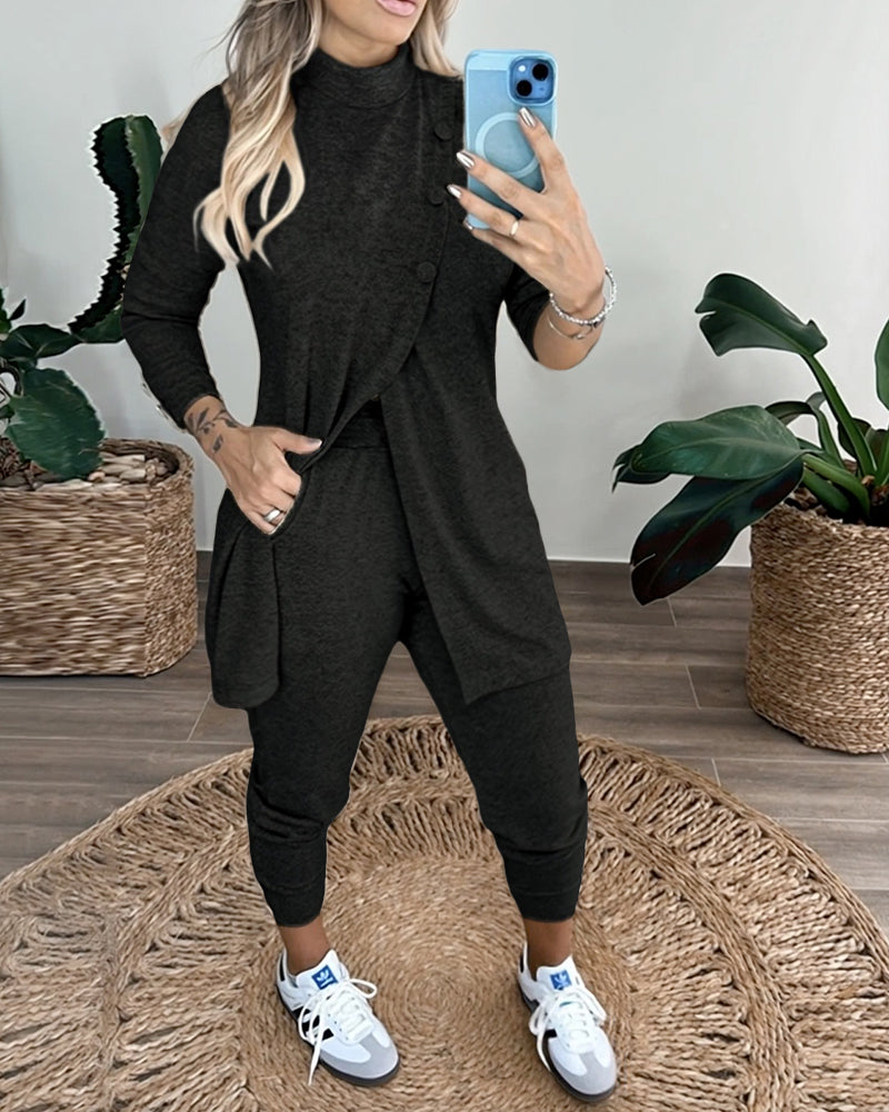 2 Pieces Outfit Mock Neck Long Sleeve Button Decor Slit Mid-Length Top and Stretchy Drawstring High Waist Slim Fit Pants Set