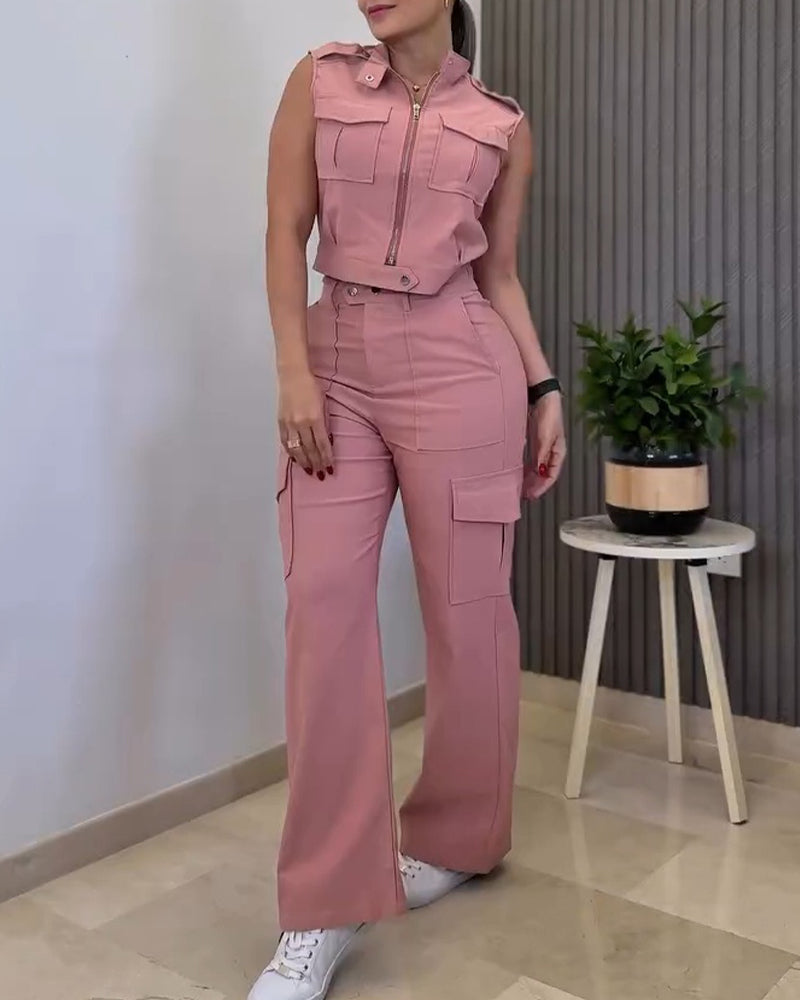 Stylish Plain Two-piece Set 3D Cargo Pockets Sleeveless Tank Top and Casual High Waist Wide Leg Pants Set