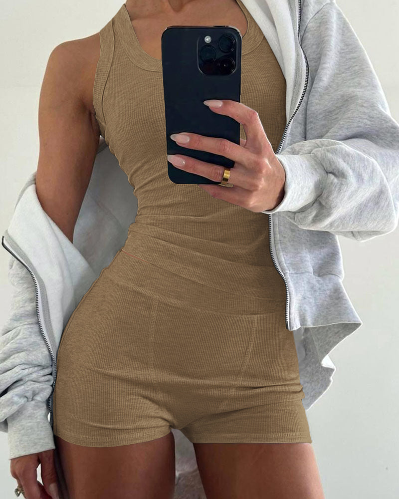 2PCS Micro-Ribbed U-Neck Tank Top & Boxer Set Cozy Loungewear