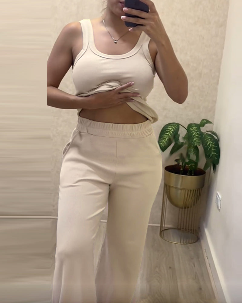2 Piece Loungewear Set U-Neck Sleeveless Ribbed Tank Top and Stretchy High Waist Straight Leg Pocket Design Pants Tracksuit