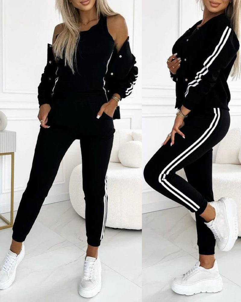 3 Pieces Outfit Snap Buttons Front Coat and Elastic Waist Seam Front Stretchy Cuffs Pants Set with Tank Top Casual Contrast Side Striped Tracksuit