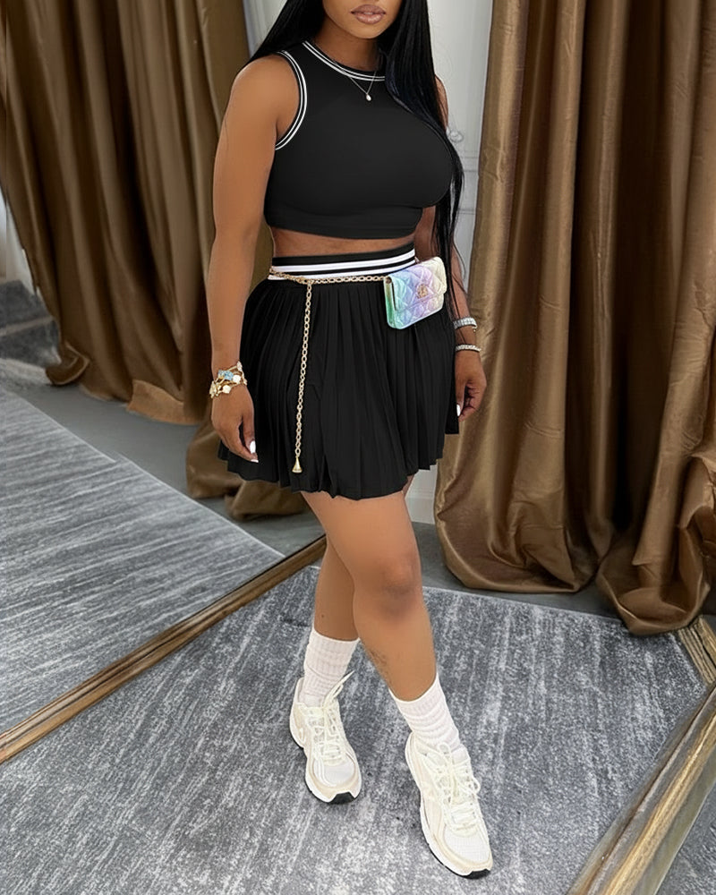 2 Pieces Outfit Round Neck Sleeveless Crop Tank Top and Elastic Waist Pleated Mini Skirt Set Casual Contrast Paneled Set