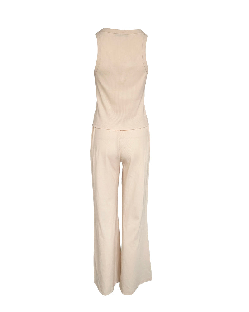 2 Piece Loungewear Set U-Neck Sleeveless Ribbed Tank Top and Stretchy High Waist Straight Leg Pocket Design Pants Tracksuit