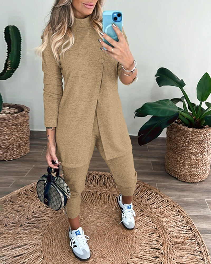 2 Pieces Outfit Mock Neck Long Sleeve Button Decor Slit Mid-Length Top and Stretchy Drawstring High Waist Slim Fit Pants Set