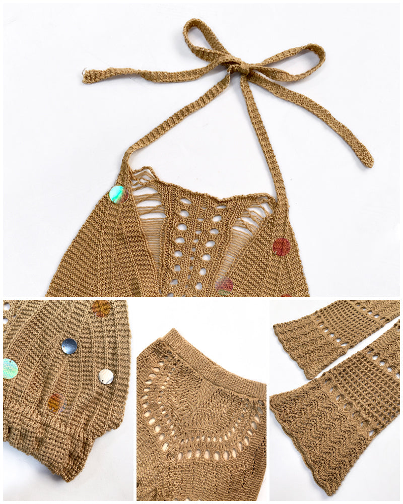 2 Pieces Round Sequin Knitted Halter Sleeveless Crop Top and Casual Strechy Waist Wide Leg Knit Pants Set