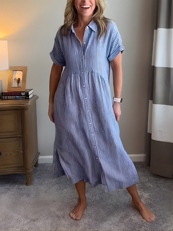 Marina | Elegant Striped Maxi Shirt Dress with Pockets