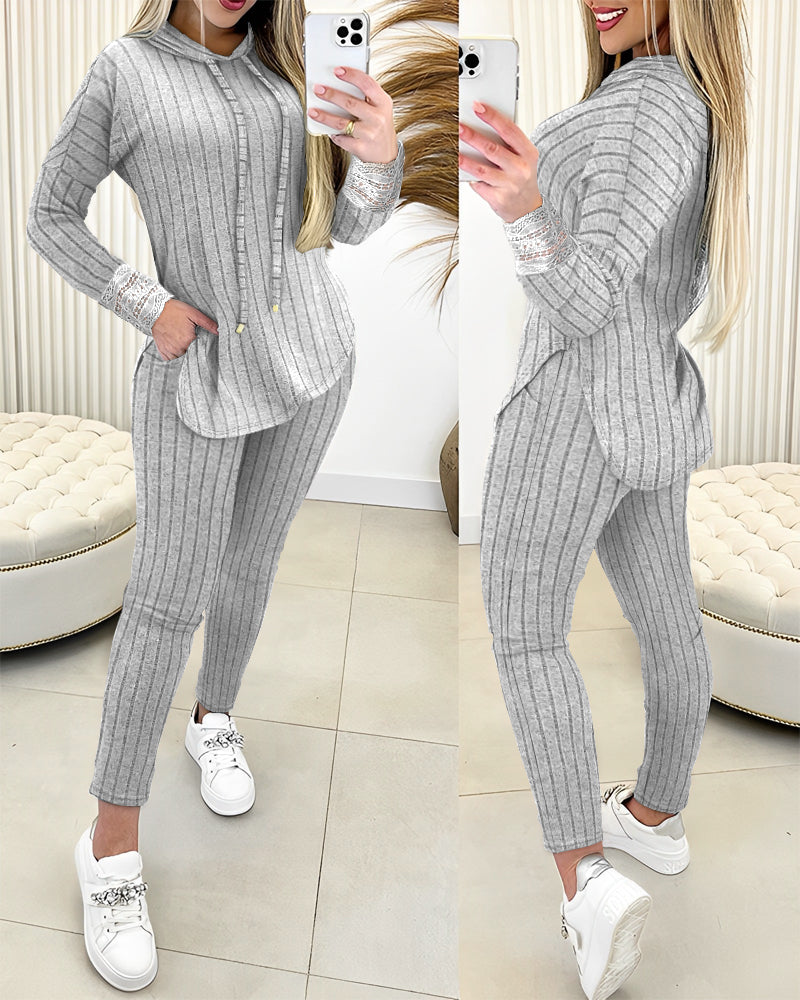 2 Pieces Outfit Drop Shoulder Lace Cuffs Asymmetrical Hem Drawstring Hoodie Top and Elastic Waist Slim Fit Pants Set Casual Brushed Ribbed Set