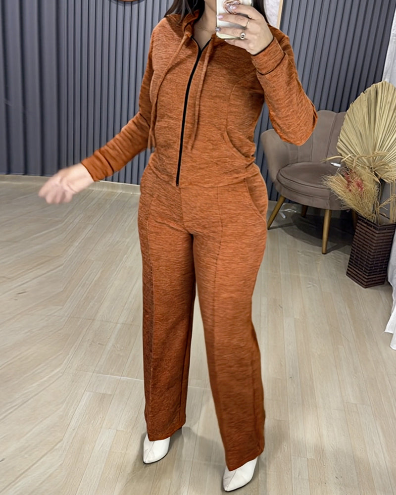 2 Pieces Outfit Long Sleeve Zip Up Drawstring Hoodie Coat and Casual Elastic Waist Seam Front Straight Leg Pants Set