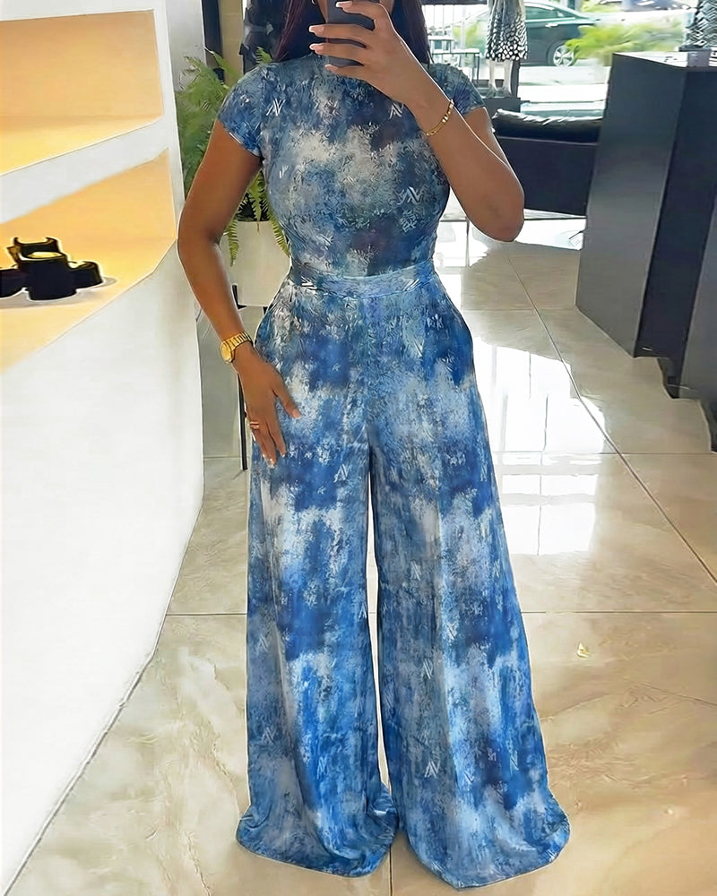 2 Pieces Outfit Mock Neck Short Sleeve Slim Fit Top and High Waist Wide Leg Pants Set Casual Tie Dye Print Sheer Mesh Set