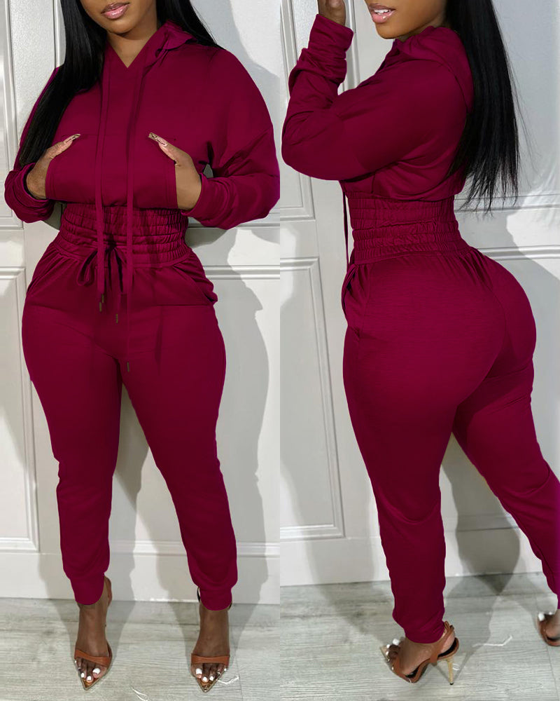 2 Pieces Outfit Drop Shoulder Kangaroo Pocket Stretchy Hem Crop Drawstring Hoodie Sweatshirt And Drawstring Elastic Waist Jogger Sweatpants Casual Tracksuit