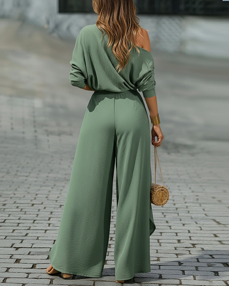 Two-Piece Set Cold Shoulder Batwing Sleeve Top and Casual Elastic Waist Slit Wide Leg Pants