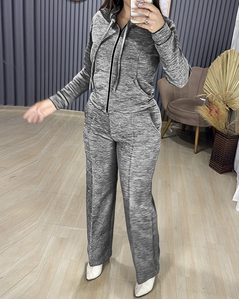 2 Pieces Outfit Long Sleeve Zip Up Drawstring Hoodie Coat and Casual Elastic Waist Seam Front Straight Leg Pants Set