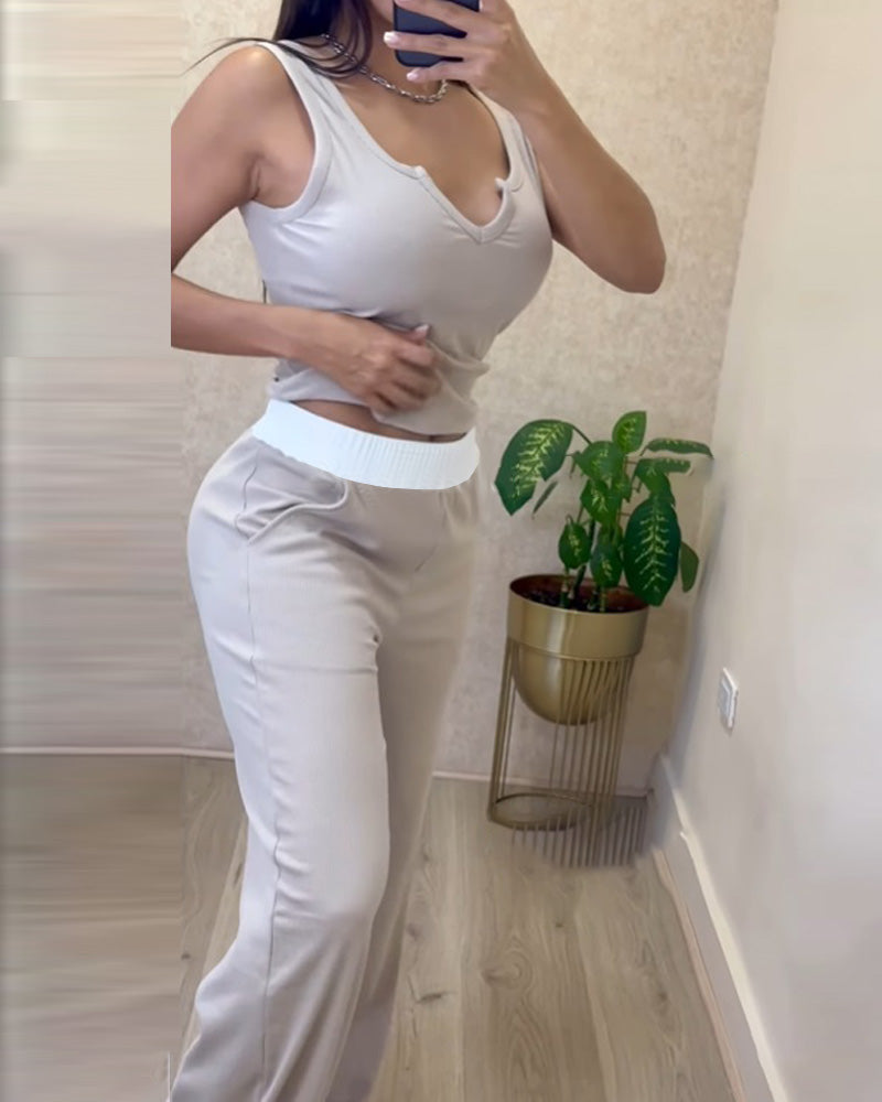 2 Piece Outfits Notch Neck Sleeveless Top Stretchy Waist Straight Leg Pants Lounge Sets Tracksuit