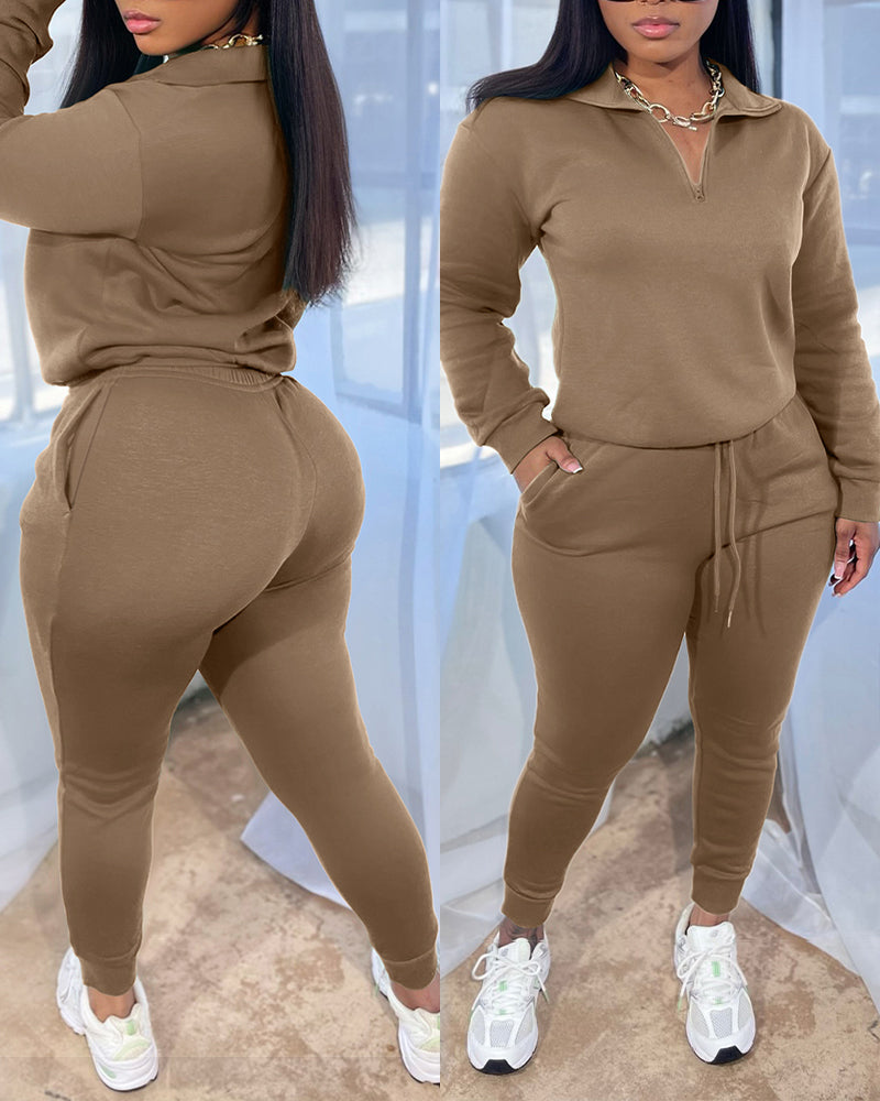 2 Pieces Outfit High Neck Half Zip Drop Shoulder Top and Drawstring Elastic Waist Slim Fit Jogger Pants Set Casual Tracksuit