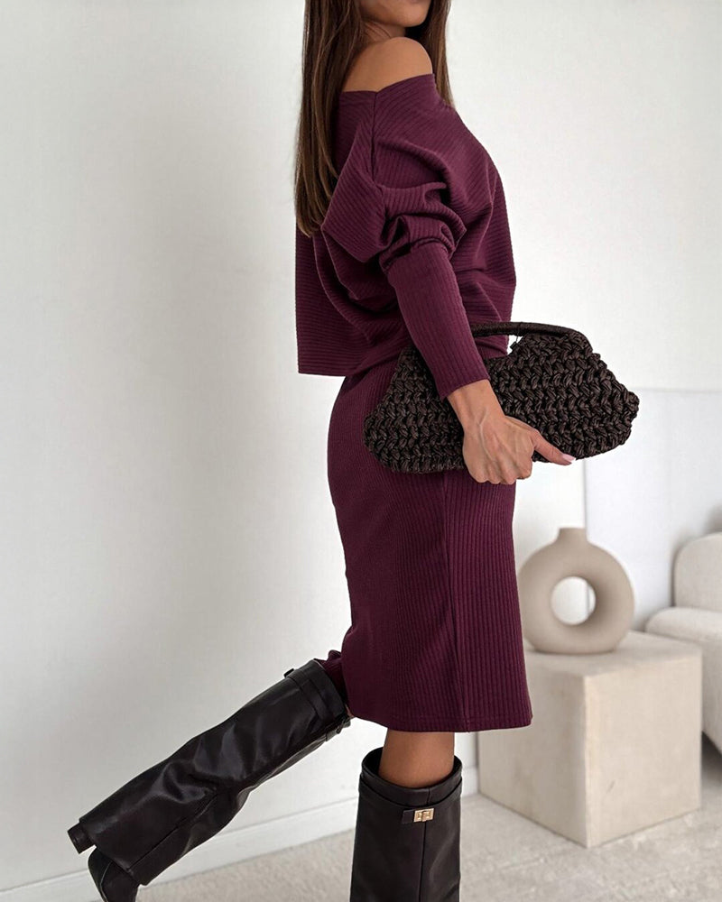 2 Pieces Outfit Skew Neck Batwing Sleeve Top and Side Slit Skirt Set Casual Ribbed Set