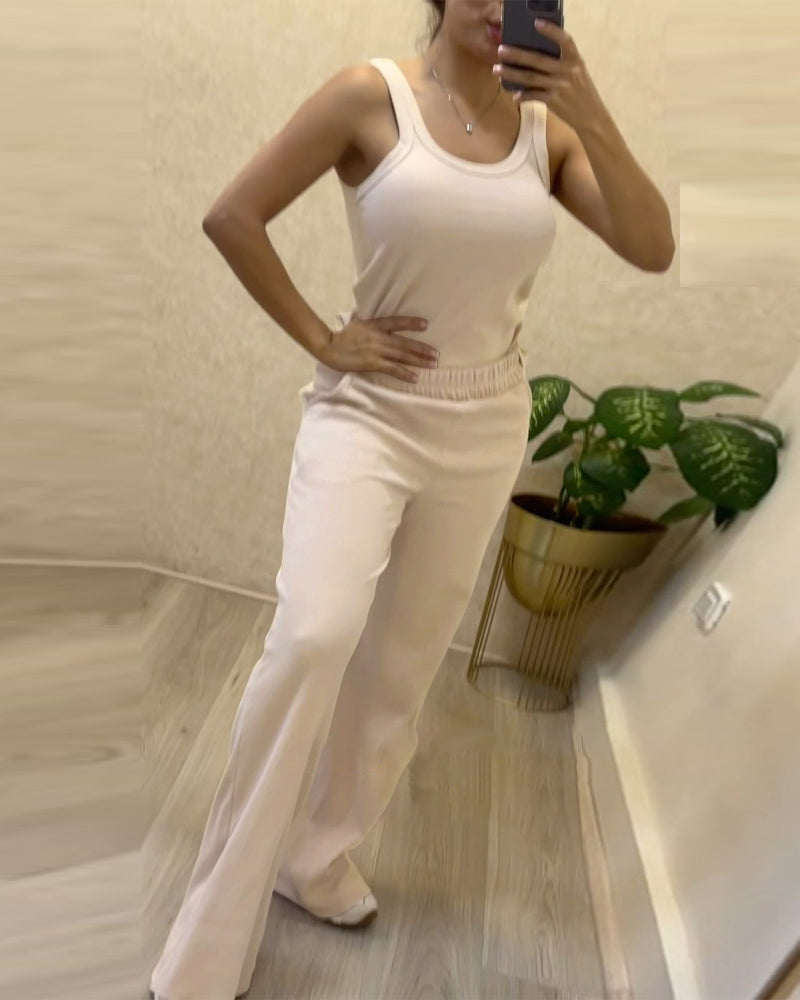 2 Piece Loungewear Set U-Neck Sleeveless Ribbed Tank Top and Stretchy High Waist Straight Leg Pocket Design Pants Tracksuit