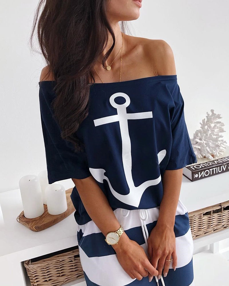 2 Pieces Outfit Anchor Print Skew Neck Top and Casual Striped Drawstring Elastic Waist Skirt Set