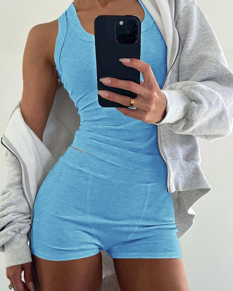 2PCS Micro-Ribbed U-Neck Tank Top & Boxer Set Cozy Loungewear