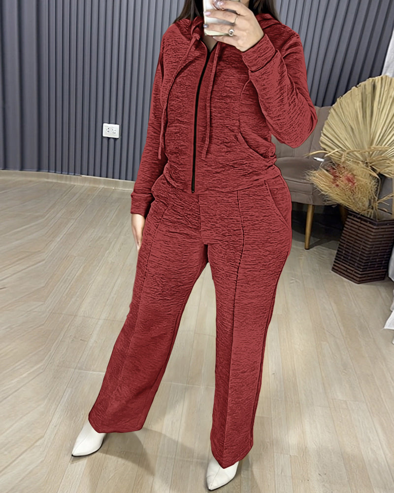 2 Pieces Outfit Long Sleeve Zip Up Drawstring Hoodie Coat and Casual Elastic Waist Seam Front Straight Leg Pants Set