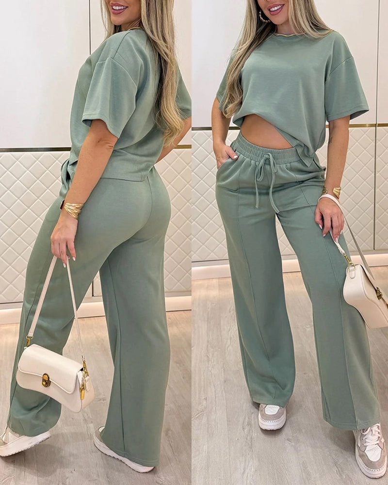 2 Pieces Outfit O-neck Short Sleeve Side Slit Top and Casual Drawstring Elastic Waist Seam Front Wide Leg Pants Set