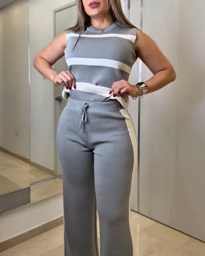 Striped Print Round Neck Sleeveless Top and Casual Elastic Waist Drawstring Pants Sets