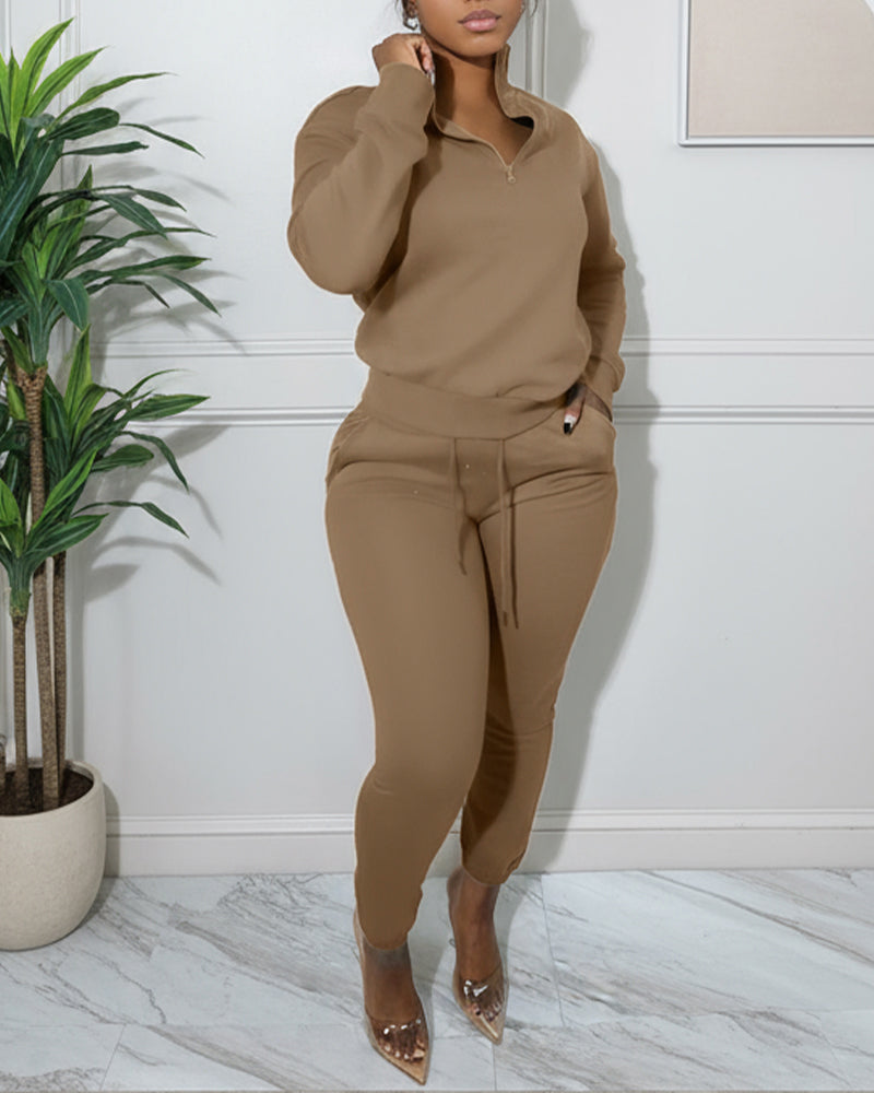 2 Pieces Outfit High Neck Half Zip Drop Shoulder Top and Drawstring Elastic Waist Slim Fit Jogger Pants Set Casual Tracksuit