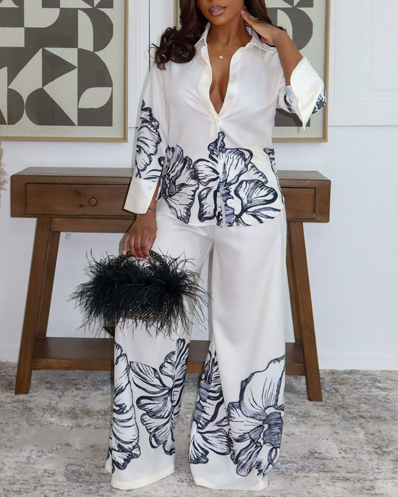 2 Pieces Outfit Turn-down Collar Long Sleeve Button Front Shirt and Wide Leg Pants Set Elegant Floral Placement Print Commuting Set
