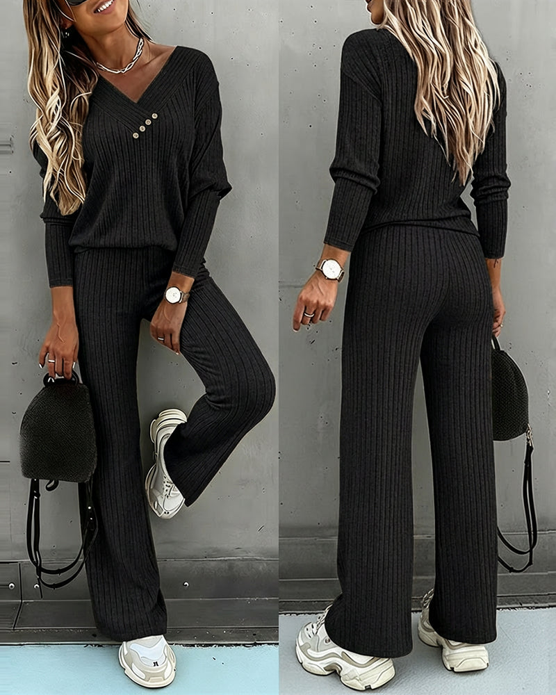 2 Pieces Outfit Button Decor V-Neck Long Sleeve Top and Elastic Waist Straight Leg Pants Set Casual Ribbed Set
