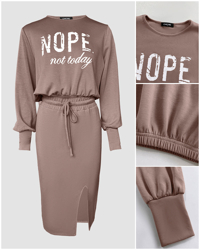 2 Pieces Outfit NOPE. not today Slogan Print Long Sleeve Stretchy Hem Crop Top and High Waist Drawstring Elastic Waist Slit Casual Skirt Set
