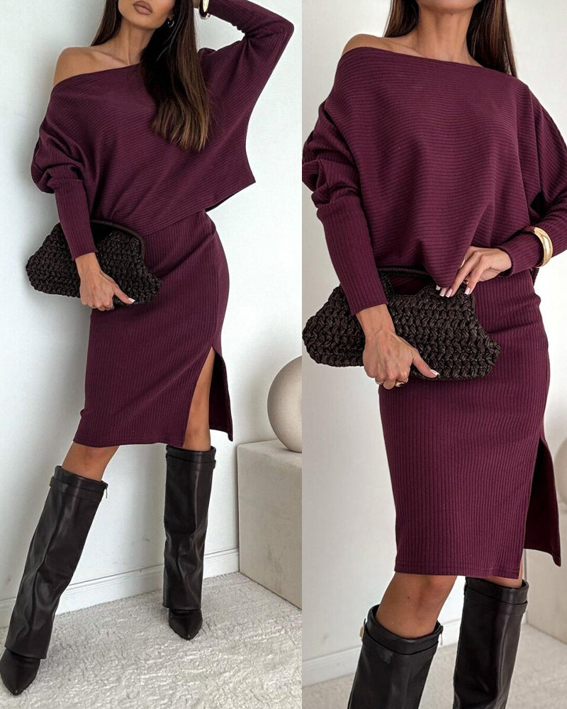2 Pieces Outfit Skew Neck Batwing Sleeve Top and Side Slit Skirt Set Casual Ribbed Set