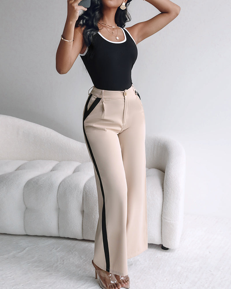 2 Piece Contrast Binding Sleeveless Slim Fit Tank Top and Striped Pants Sets Tracksuits Match Sets