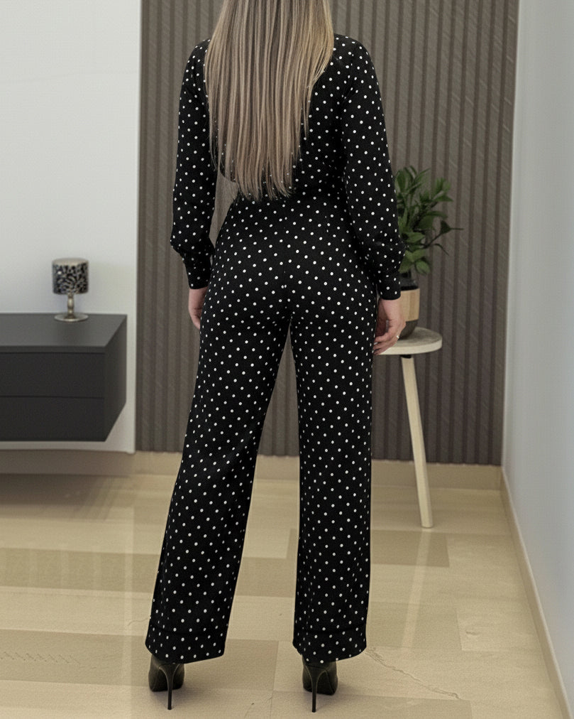 2 Pieces Outfit Stand Collar Button Front Ruffles Spliced Top and High Waist Straight Leg Pants Set Casual Polka Dot Print Commuting Set