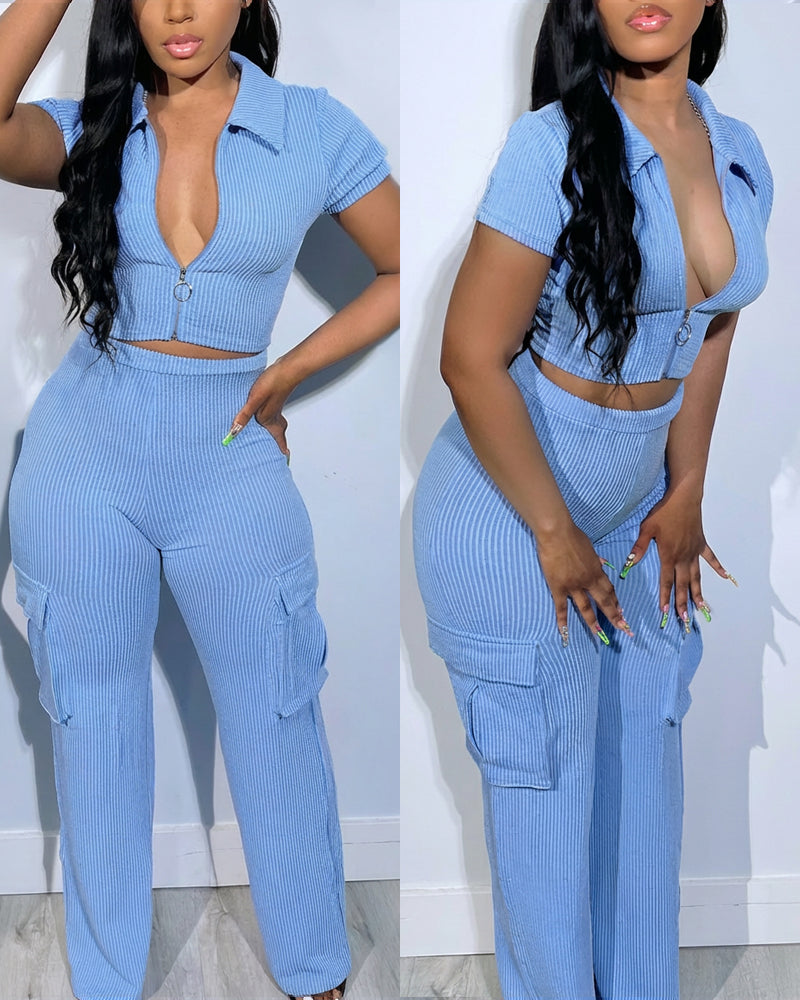 2 Pieces Outfit Polo Collar Short Sleeve Zip Up Slim Fit Crop Top and High Waist Elastic Waist Cargo Pockets Design Pants Set Casual Ribbed Set