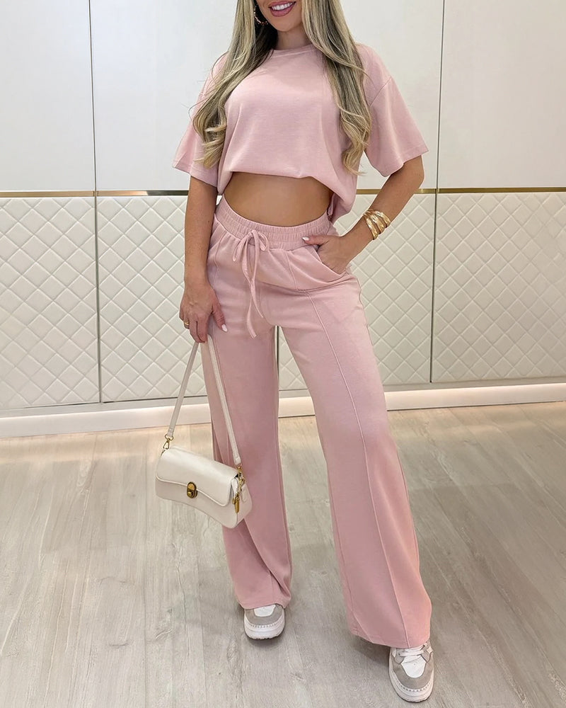 2 Pieces Outfit O-neck Short Sleeve Side Slit Top and Casual Drawstring Elastic Waist Seam Front Wide Leg Pants Set