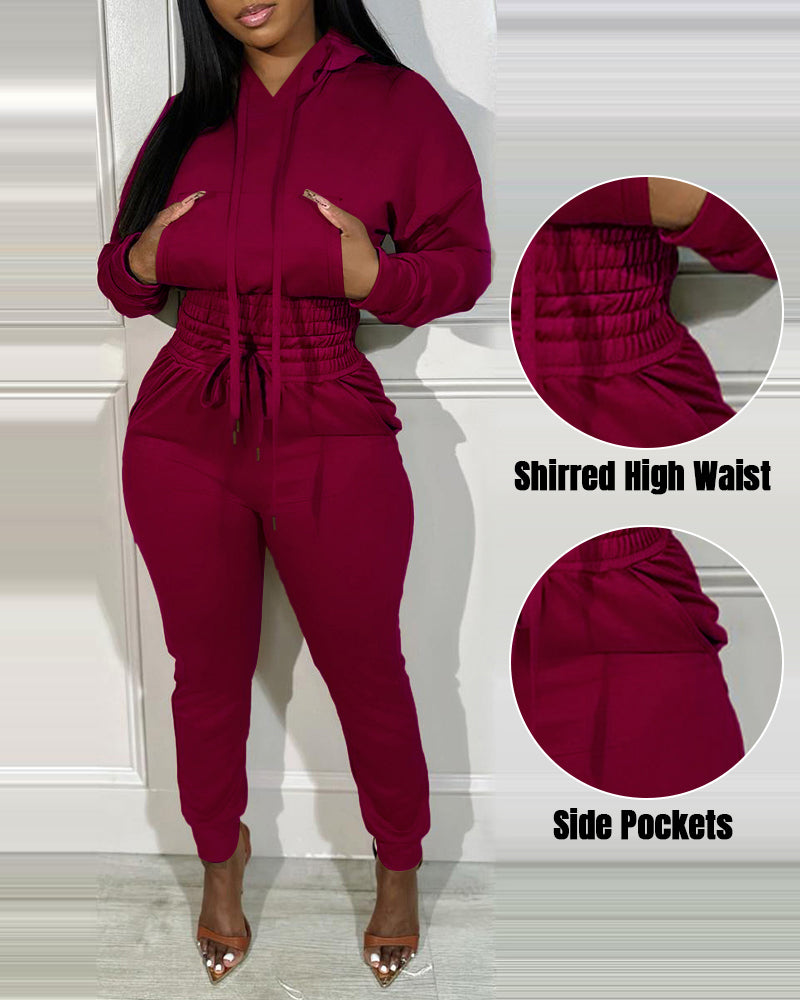 2 Pieces Outfit Drop Shoulder Kangaroo Pocket Stretchy Hem Crop Drawstring Hoodie Sweatshirt And Drawstring Elastic Waist Jogger Sweatpants Casual Tracksuit