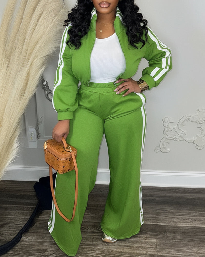 2 Pieces Outfit Stand Collar Zip Up Stretchy Hem Crop Coat and Elastic Waist Wide Leg Pants Set Casual Contrast Side Striped Set