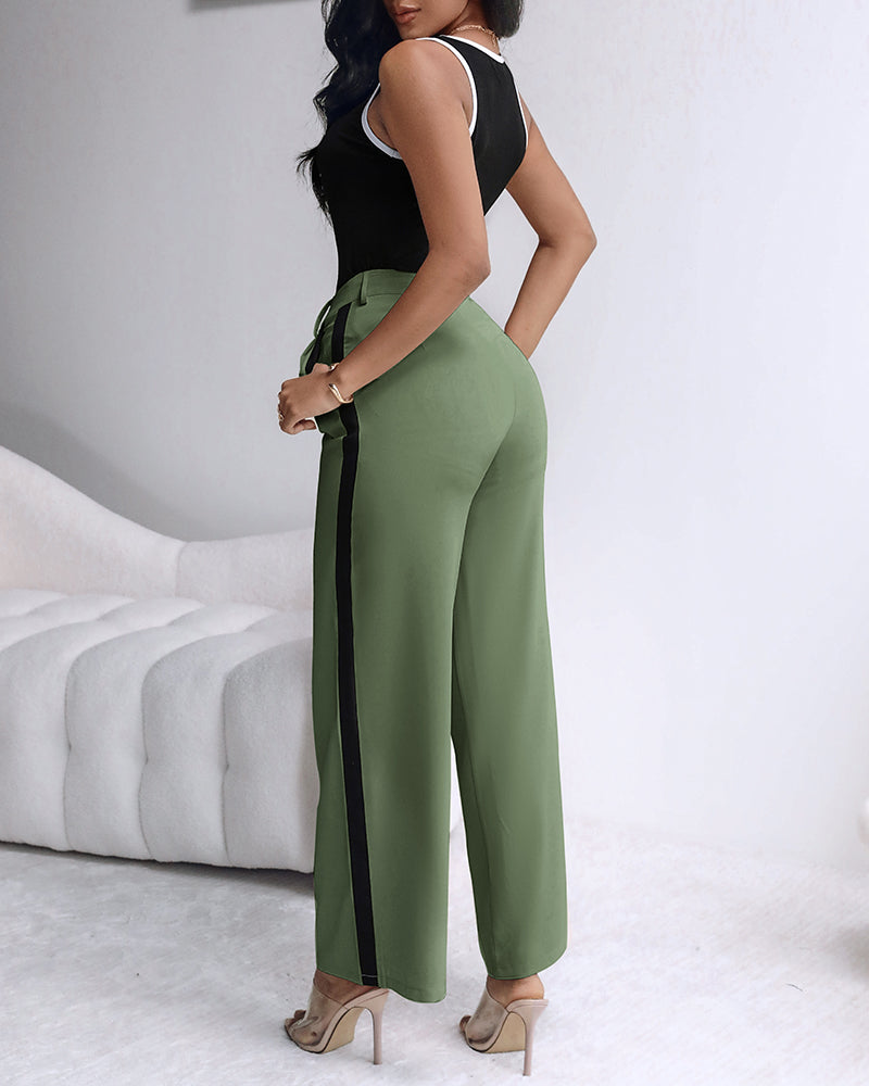 2 Piece Contrast Binding Sleeveless Slim Fit Tank Top and Striped Pants Sets Tracksuits Match Sets