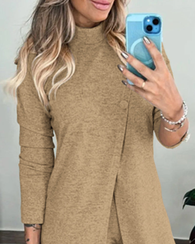 2 Pieces Outfit Mock Neck Long Sleeve Button Decor Slit Mid-Length Top and Stretchy Drawstring High Waist Slim Fit Pants Set