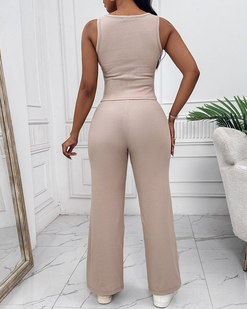 2 Piece Outfits Notch Neck Sleeveless Top Stretchy Waist Straight Leg Pants Lounge Sets Tracksuit