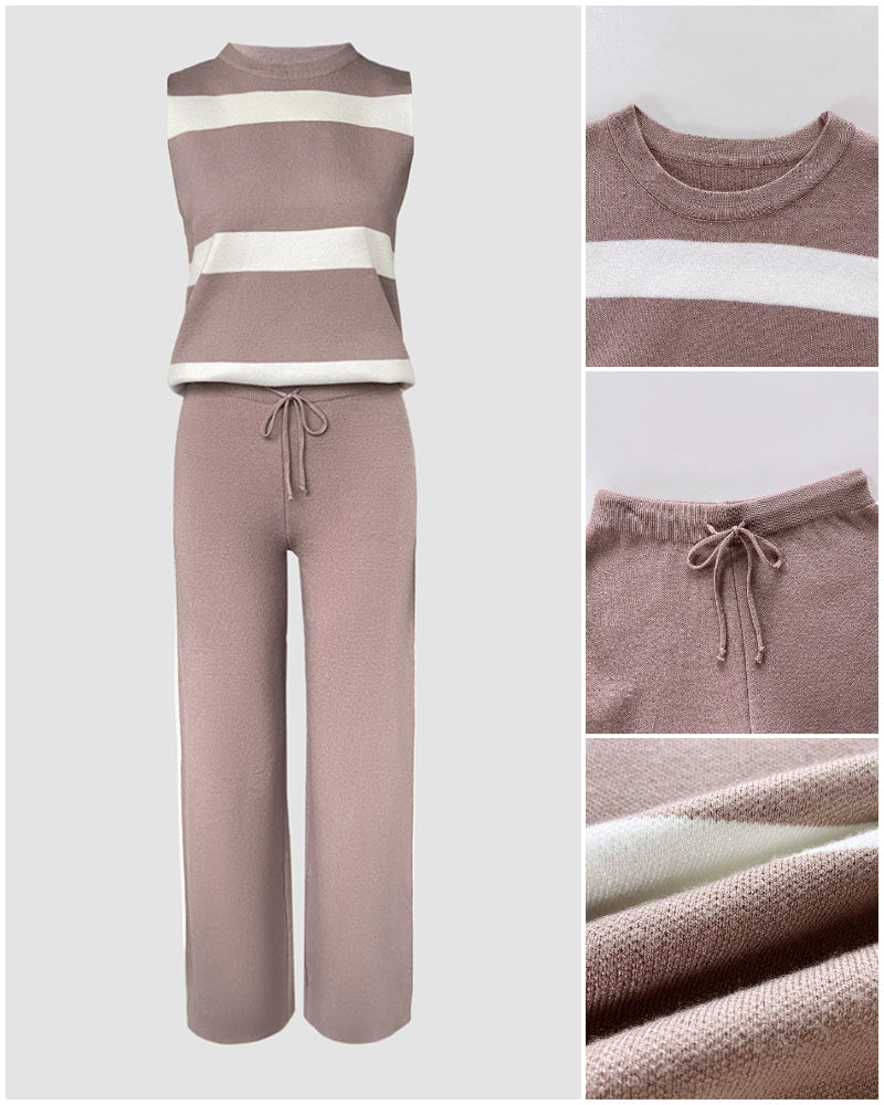 Striped Print Round Neck Sleeveless Top and Casual Elastic Waist Drawstring Pants Sets