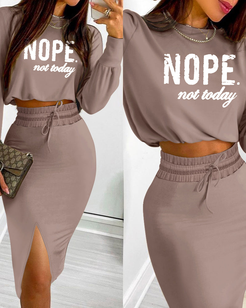 2 Pieces Outfit NOPE. not today Slogan Print Long Sleeve Stretchy Hem Crop Top and High Waist Drawstring Elastic Waist Slit Casual Skirt Set