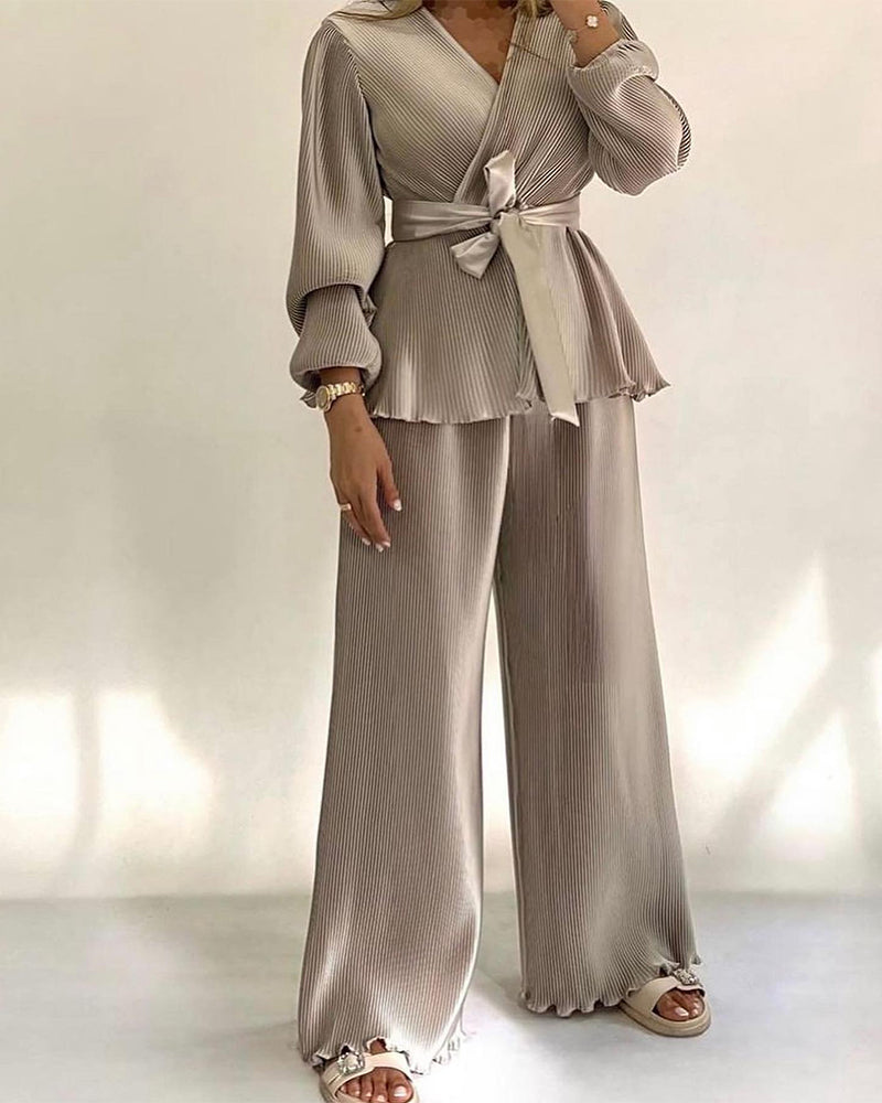 2 Pieces Outfit Overlap V-Neck Lantern Sleeve Tie Waist Ruffle Hem Top and Elastic Waist Wide Leg Pants Set Vintage Frill Hem Satin Pleated Commuting Set