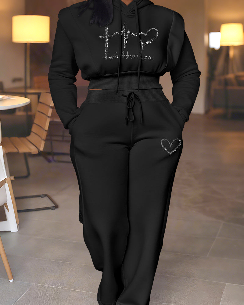2 Pieces Outfit Rhinestone Graphic & Letter Pattern 3D Design Crop Drawstring Hoodie Sweatshirt and Casual Drawstring Elastic Waist Wide Leg Sweatpants Set