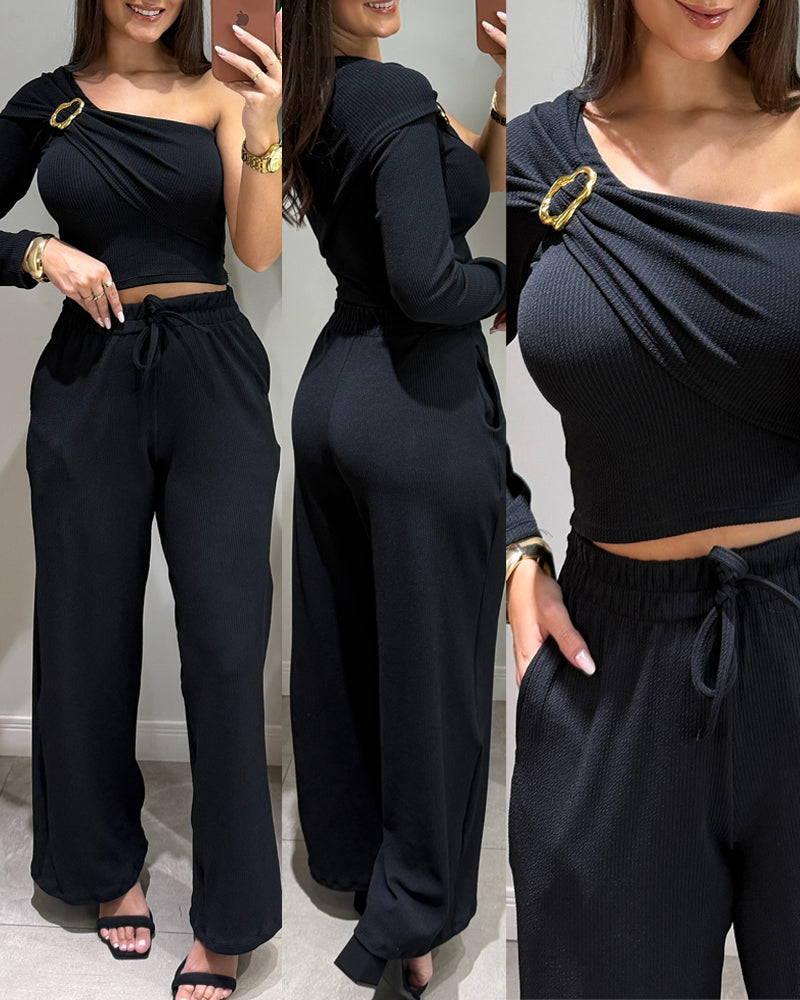 2 Pieces Outfit One Shoulder Metal Buckle Decor Long Sleeve Ruched Crop Top and Drawstring Elastic Waist Wide Leg Pants Set Casual Ribbed Set